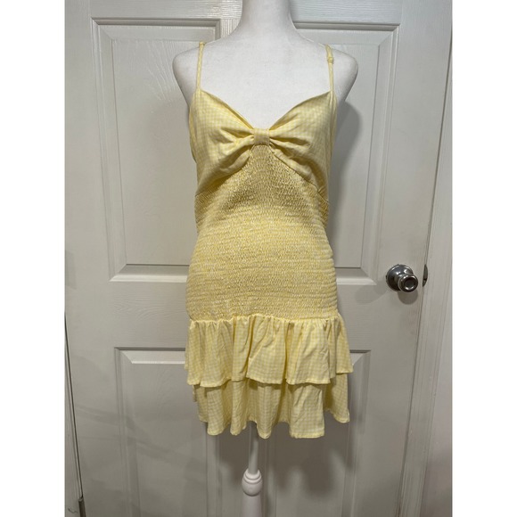 NEW Arden B. Yellow Gingham Bow Tie Back Sleeveless Smocked Ruffle Mini Dress S - Picture 1 of 8